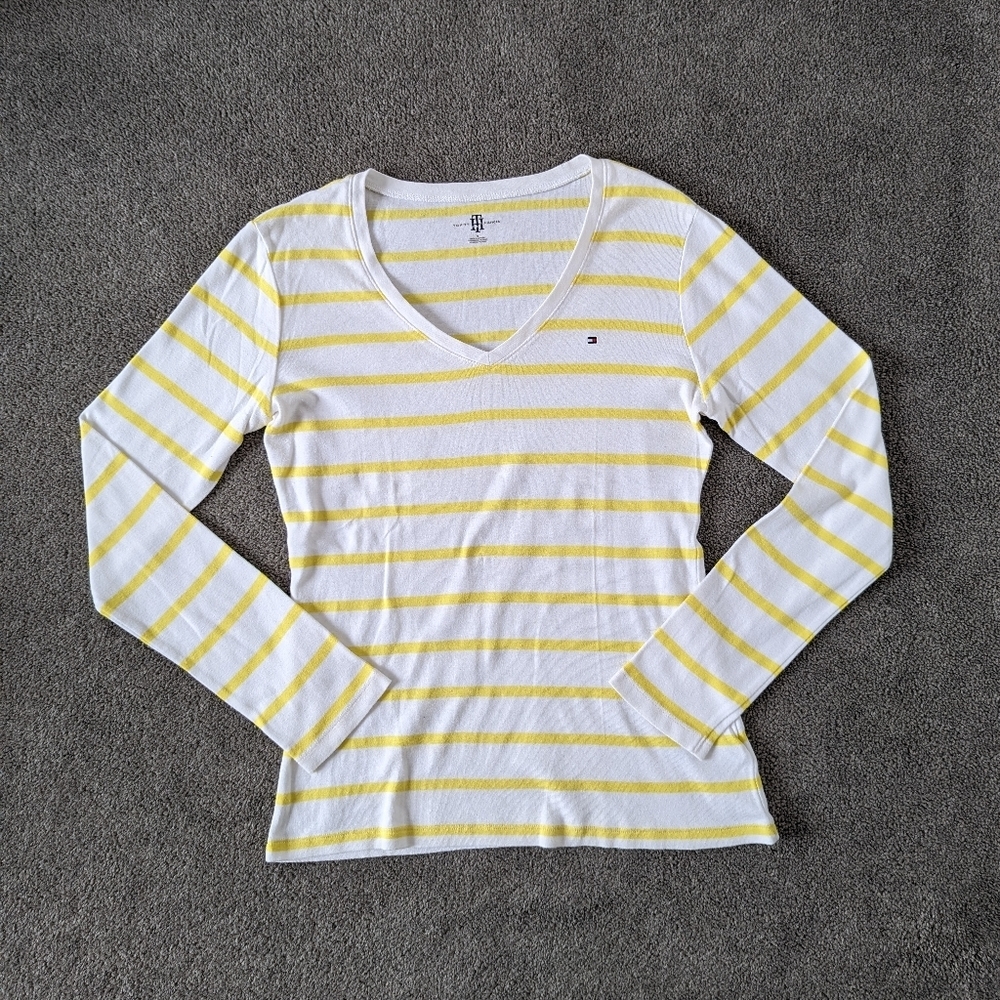 Tommy Hilfiger Yellow Striped Long Sleeve Tee - Medium V Neck Cotton